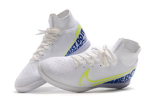 CHUTEIRA NIKE MERCURIAL SUPERFLY 7 ELITE IC "BRANCO/AZUL/LOGO AMARELA"