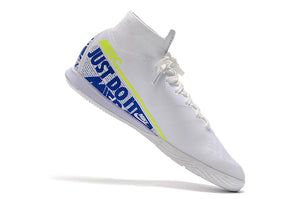 CHUTEIRA NIKE MERCURIAL SUPERFLY 7 ELITE IC "BRANCO/AZUL/LOGO AMARELA"