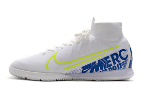 CHUTEIRA NIKE MERCURIAL SUPERFLY 7 ELITE IC "BRANCO/AZUL/LOGO AMARELA"