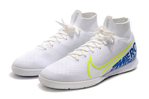 CHUTEIRA NIKE MERCURIAL SUPERFLY 7 ELITE IC "BRANCO/AZUL/LOGO AMARELA"